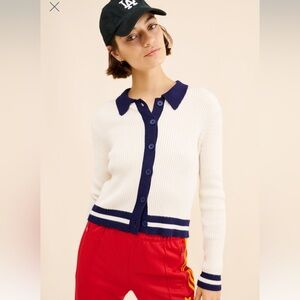 Anthropologie Cropped Ribbed Cardigan Sweater – Navy & Ivory – Size S